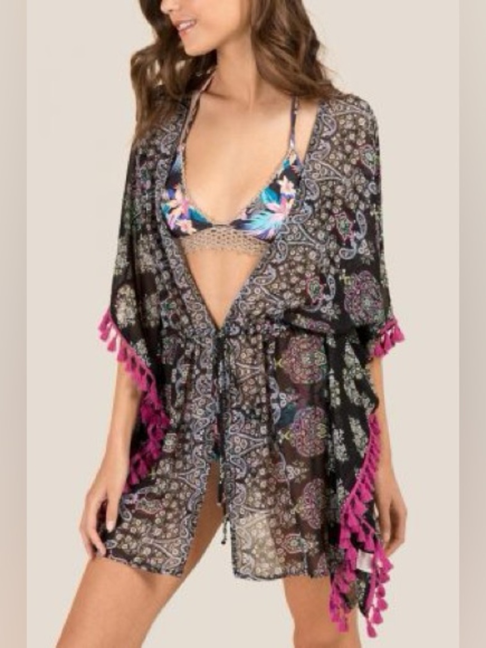 Francesca’s Boho Paisley Tassel Sheer Kimono Swim Coverup - Size Medium